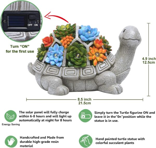 Nacome Solar Garden Outdoor Statues Turtle with Succulent and 7 LED Lights - Lawn Decor Tortoise Statue - Image 5